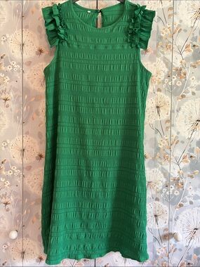Green Ruffle Sleeve Textured Shift Dress
